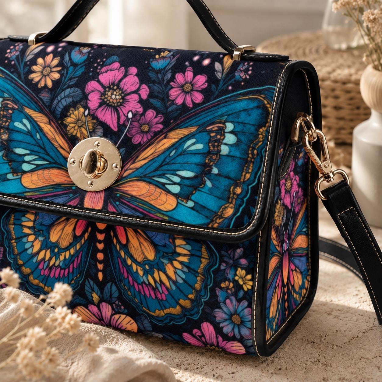Psychedelic Butterfly Canvas Shoulder Bag, Floral Crossbody Satchel, Boho Hippie Purse