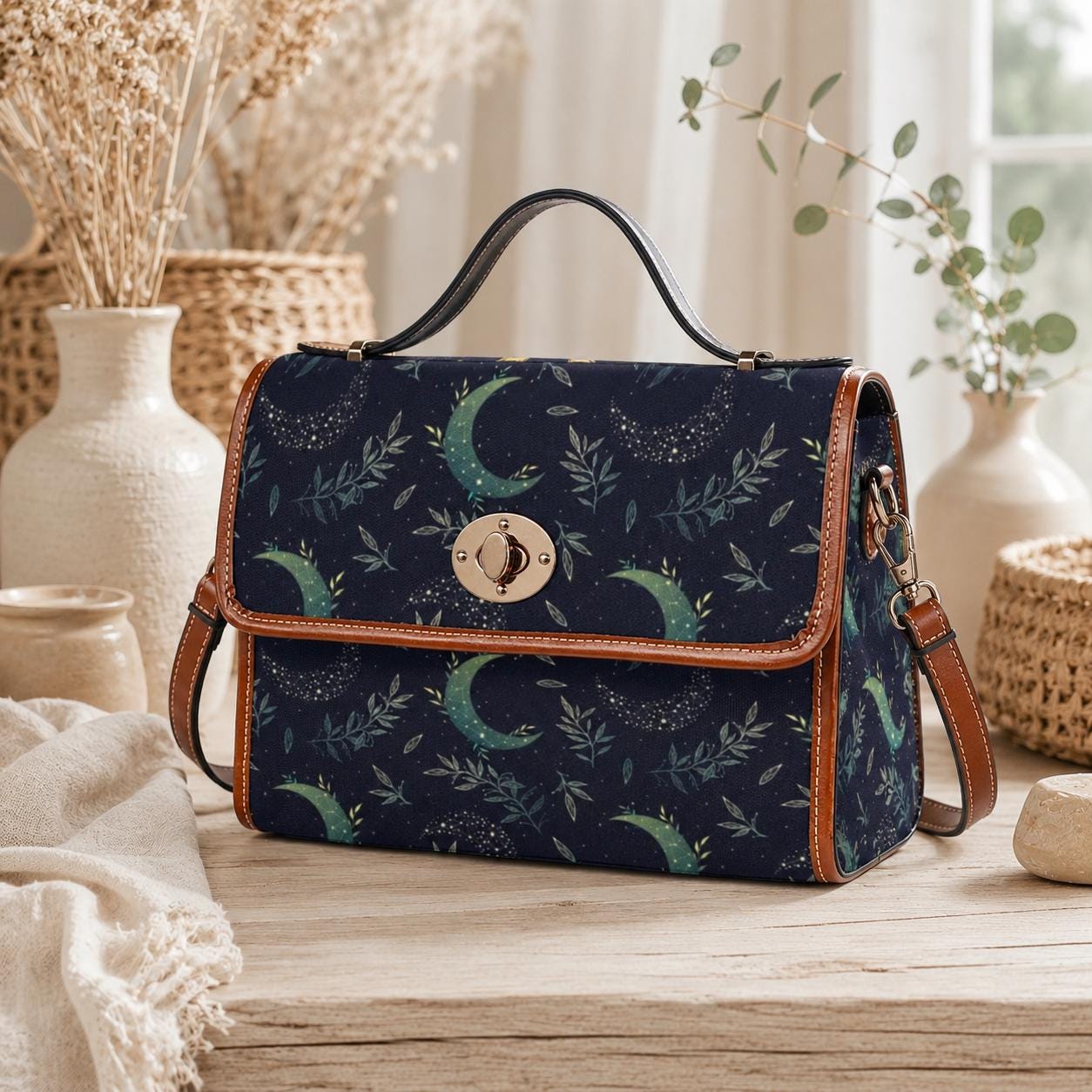 Celestial Satchel Bag, Crescent Moon Botanical Print Crossbody Handbag