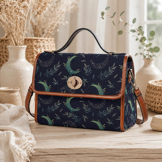Celestial Satchel Bag, Crescent Moon Botanical Print Crossbody Handbag