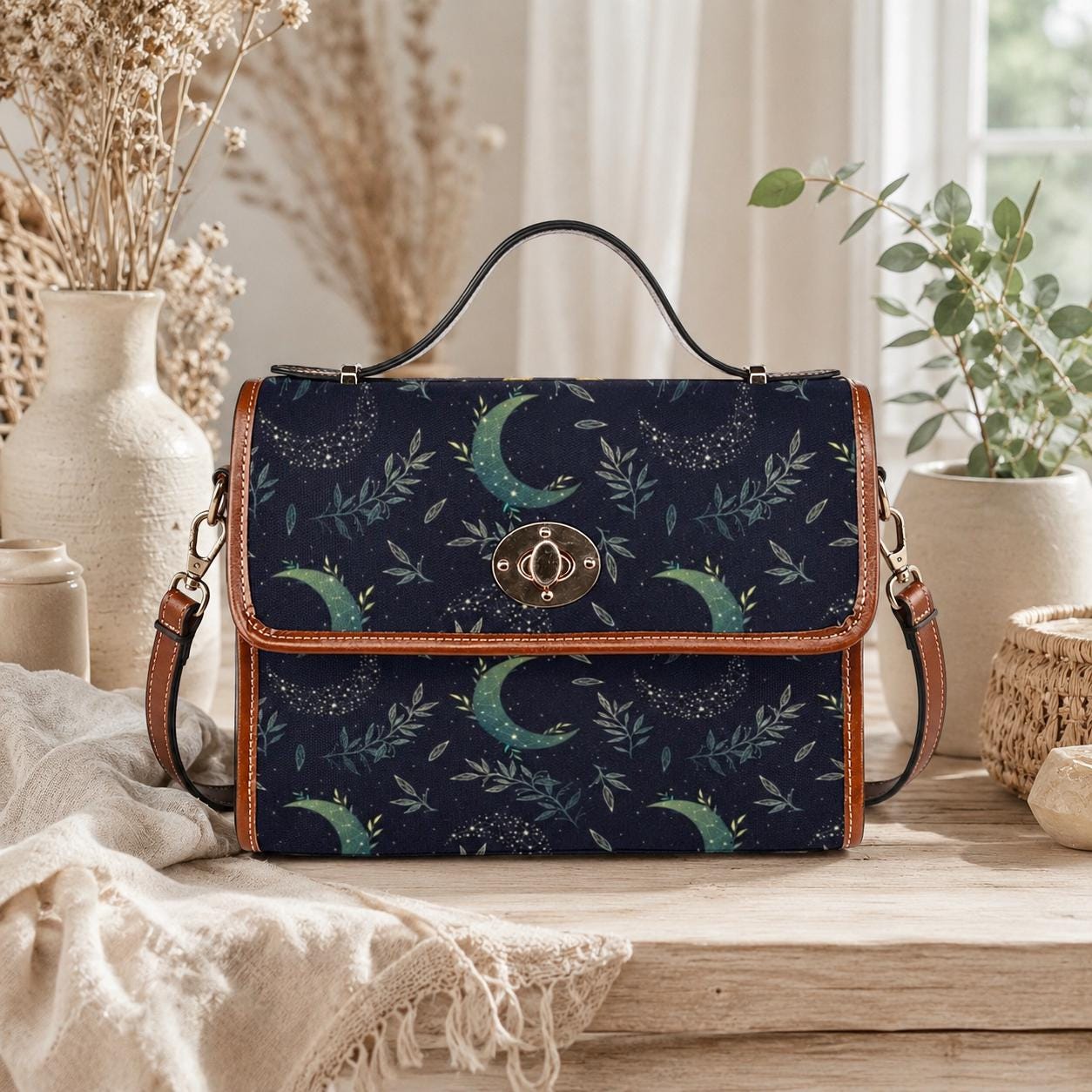 Celestial Satchel Bag, Crescent Moon Botanical Print Crossbody Handbag