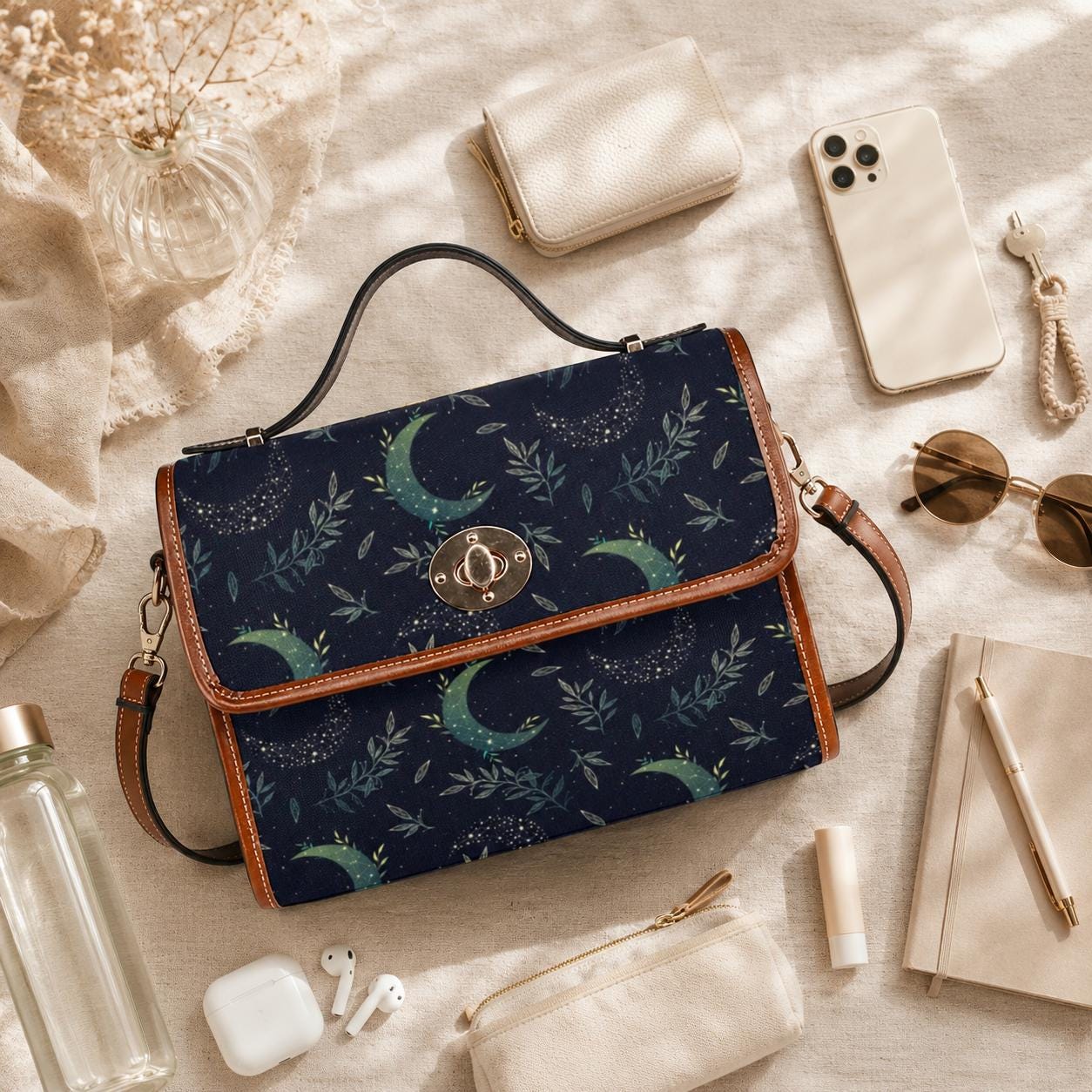 Celestial Satchel Bag, Crescent Moon Botanical Print Crossbody Handbag