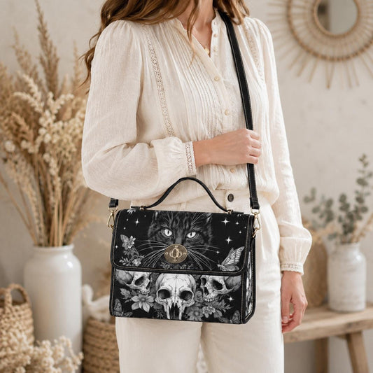 Occult Cat Skull Bag, Dark Witchy Crossbody Purse, Gothic Kitty Shoulder Tote
