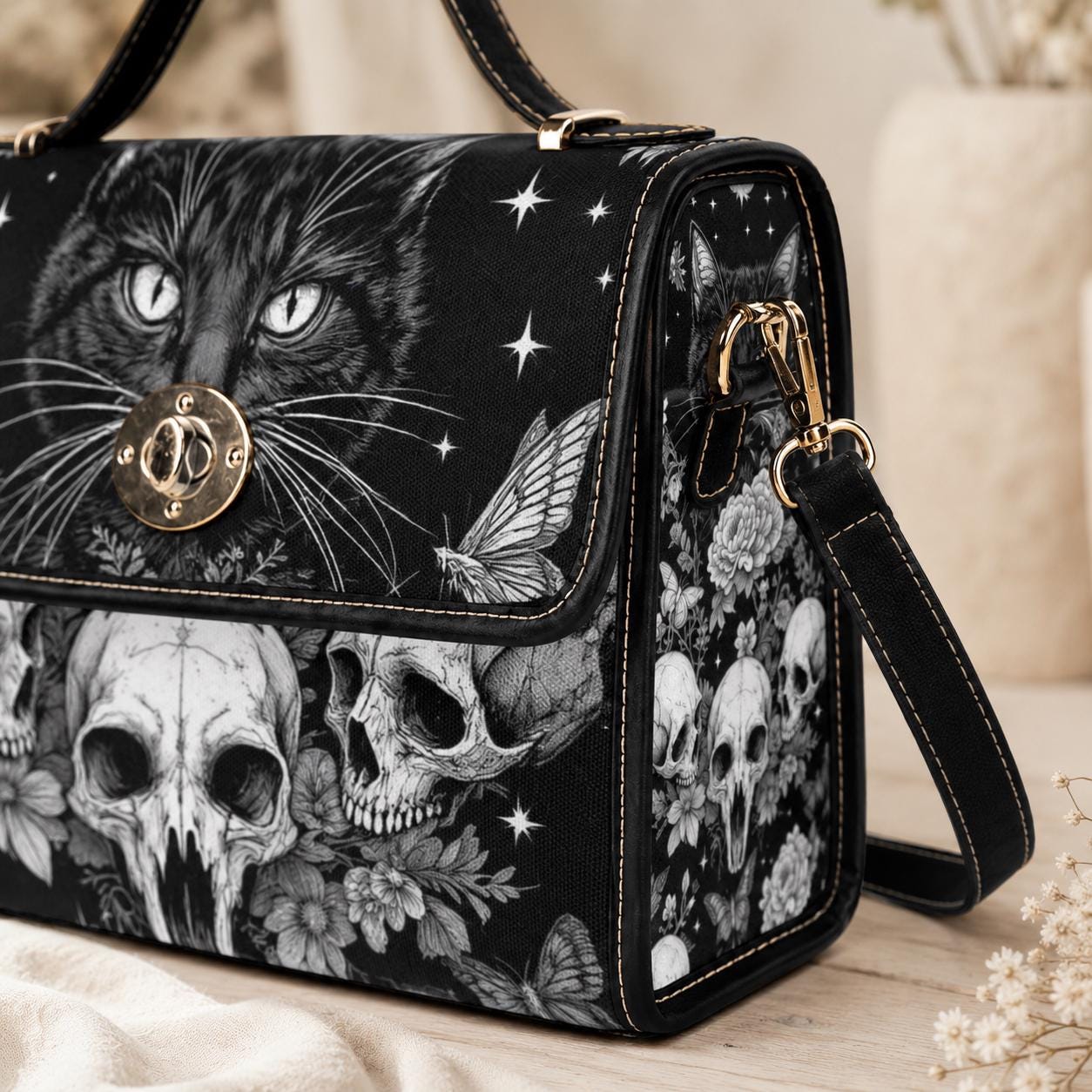 Occult Cat Skull Bag, Dark Witchy Crossbody Purse, Gothic Kitty Shoulder Tote,Cat Skull Accessories,Dark Feline Gift,Alternative Fashion Bag