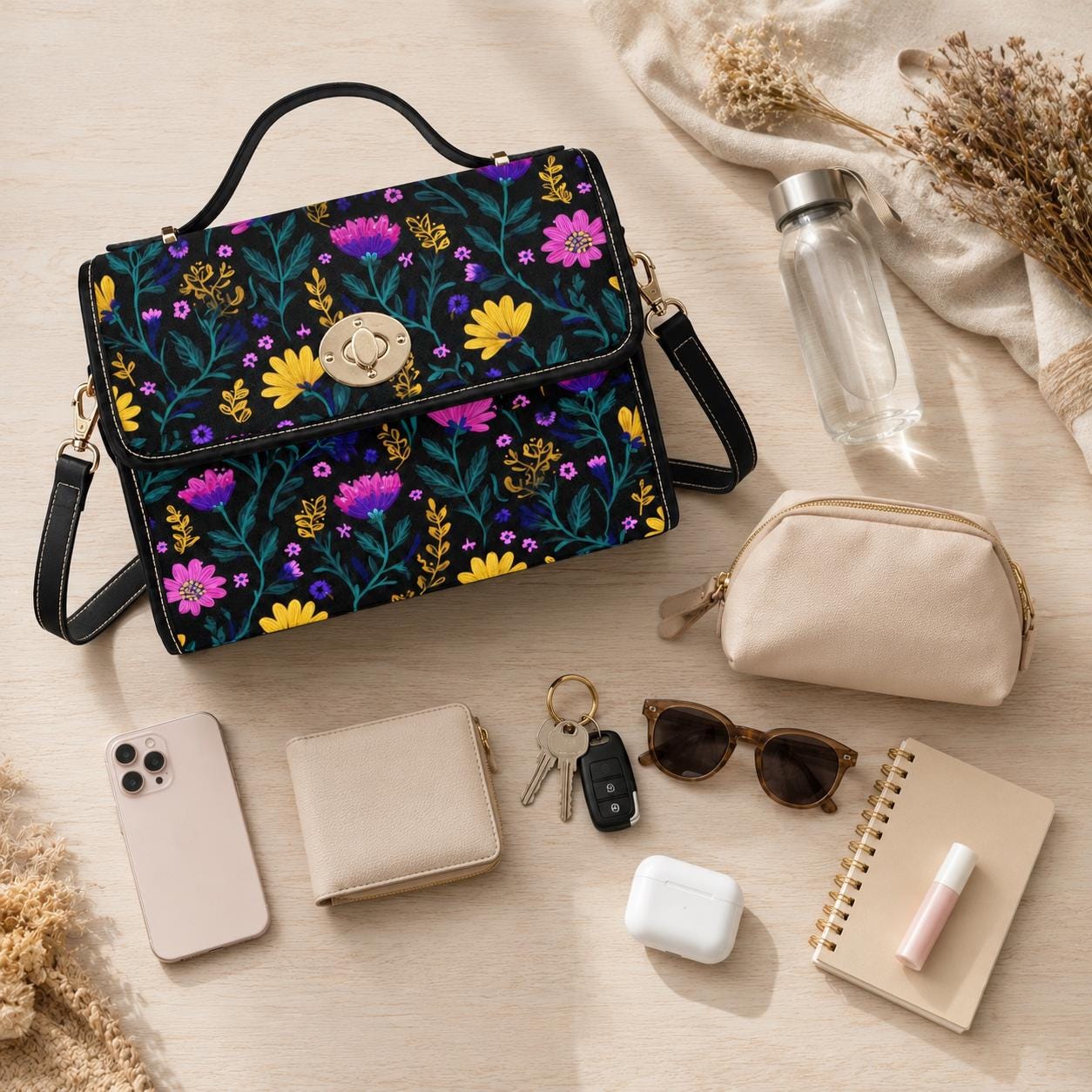 Dark Floral Crossbody Bag, Boho Wildflower Vegan Leather Strap Tote
