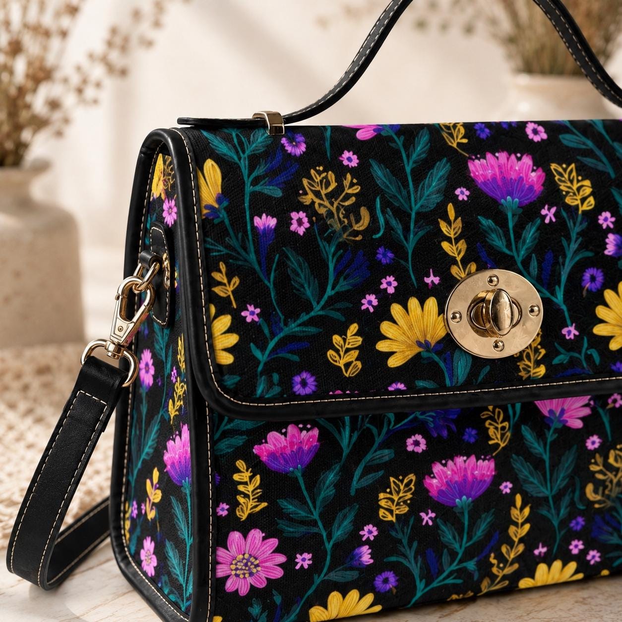Dark Floral Crossbody Bag, Boho Wildflower Vegan Leather Strap Tote