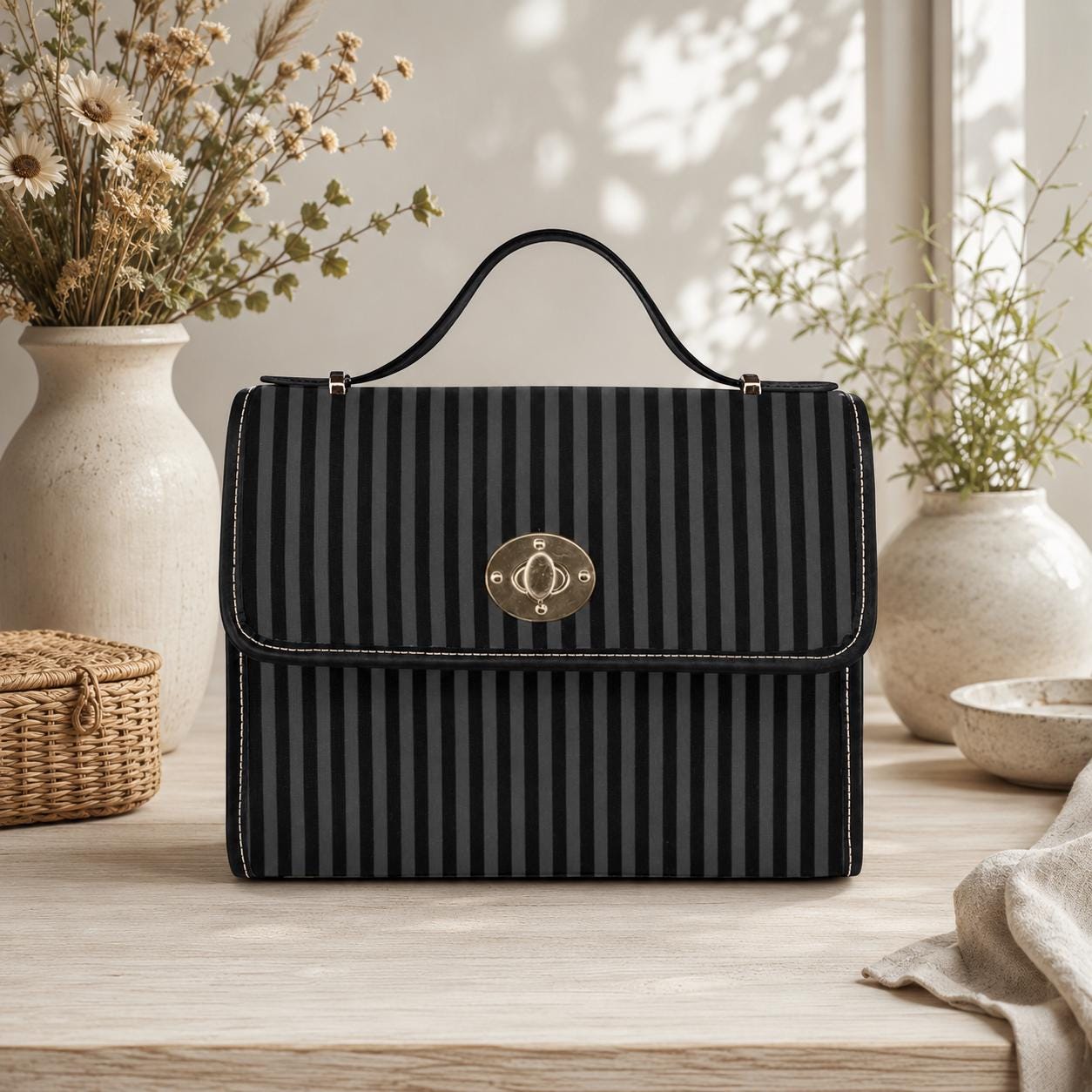 Black Stripe Satchel Bag, Minimalist Top Handle Purse, Tailored Monochrome Handbag, Sleek Office Statement Bag, Structured Everyday Purse