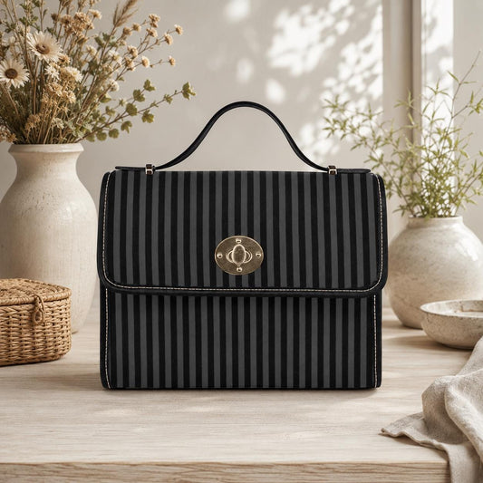 Black Stripe Satchel Bag, Minimalist Top Handle Purse, Tailored Monochrome Handbag, Sleek Office Statement Bag, Structured Everyday Purse