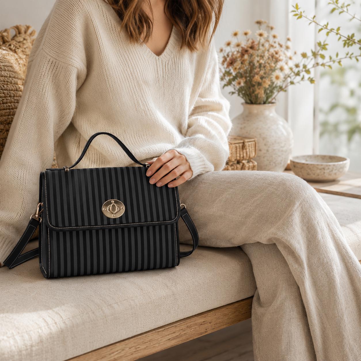 Black Stripe Satchel Bag, Minimalist Top Handle Purse, Tailored Monochrome Handbag, Sleek Office Statement Bag, Structured Everyday Purse