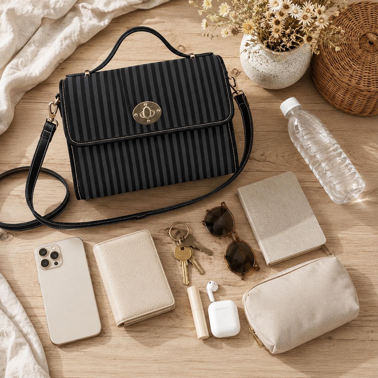 Black Stripe Satchel Bag, Minimalist Top Handle Purse, Tailored Monochrome Handbag, Sleek Office Statement Bag, Structured Everyday Purse