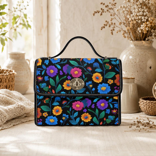 Colorful floral crossbody bag, boho garden canvas purse, vintage waterproof vegan leather strap