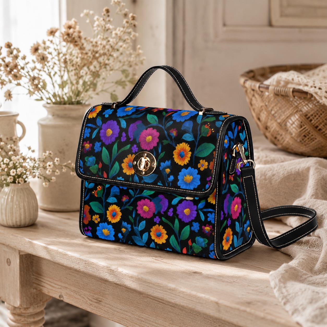 Colorful floral crossbody bag, boho garden canvas purse, vintage waterproof vegan leather strap