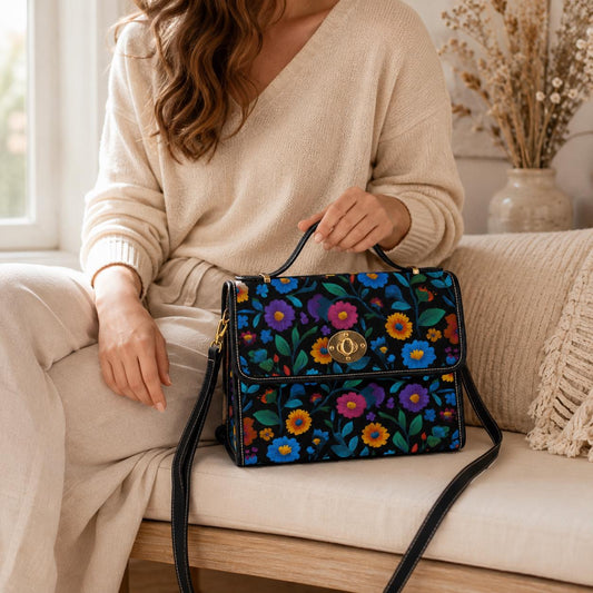 Colorful floral crossbody bag, boho garden canvas purse, vintage waterproof vegan leather strap