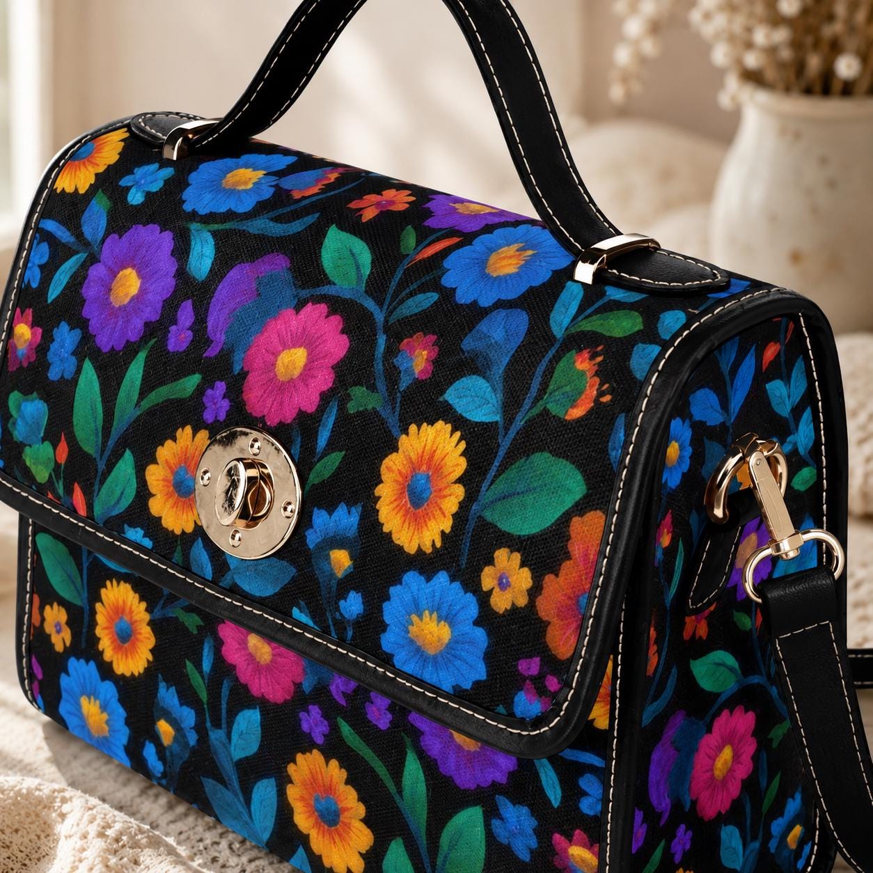 Colorful floral crossbody bag, boho garden canvas purse, vintage waterproof vegan leather strap