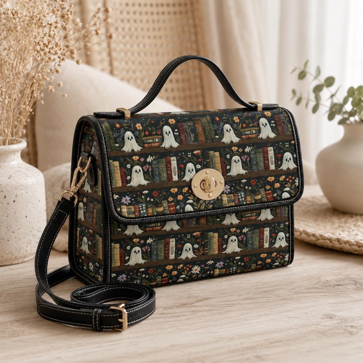 Ghost library satchel, spooky book print crossbody bag, witchy academia purse, haunted books tote