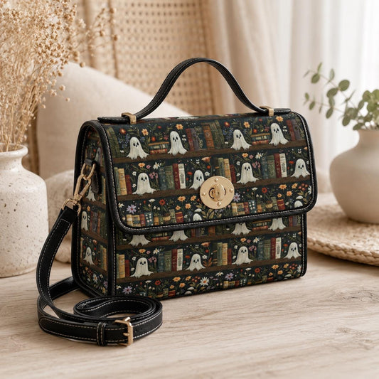 Ghost library satchel, spooky book print crossbody bag, witchy academia purse, haunted books tote