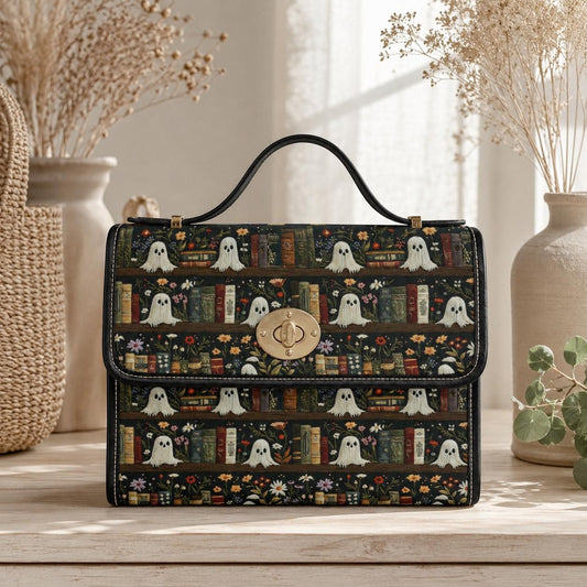 Ghost library satchel, spooky book print crossbody bag, witchy academia purse, haunted books tote