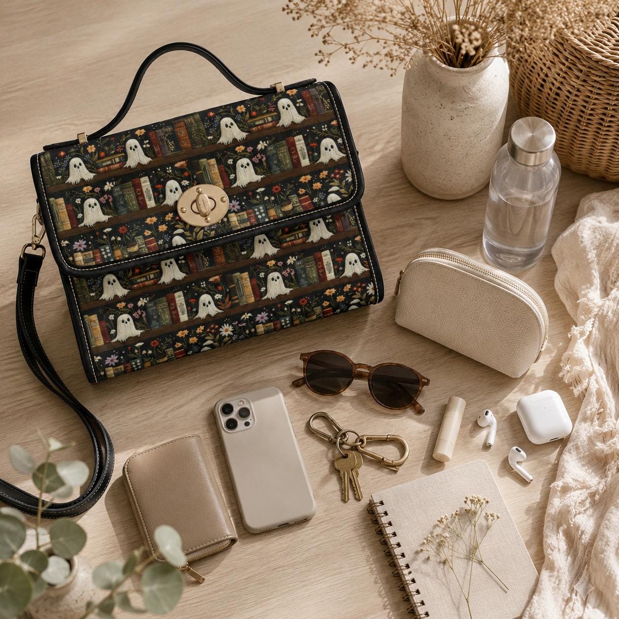 Ghost library satchel, spooky book print crossbody bag, witchy academia purse, haunted books tote