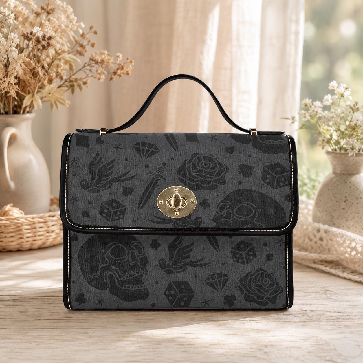 Gothic Skull Purse with Rose Print, Tattoo Flash Handbag, Dark Academia Top Handle Bag