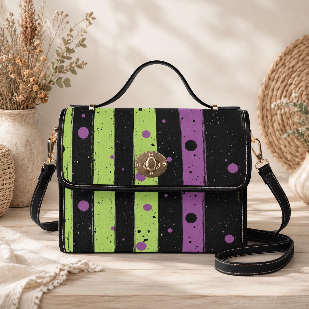 Spooky striped handbag, Lime green and purple purse, Halloween splatter print bag, Gothic party top handle bag, Witchcore statement satchel