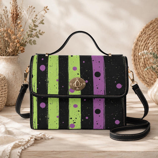 Spooky striped handbag, Lime green and purple purse, Halloween splatter print bag, Gothic party top handle bag, Witchcore statement satchel