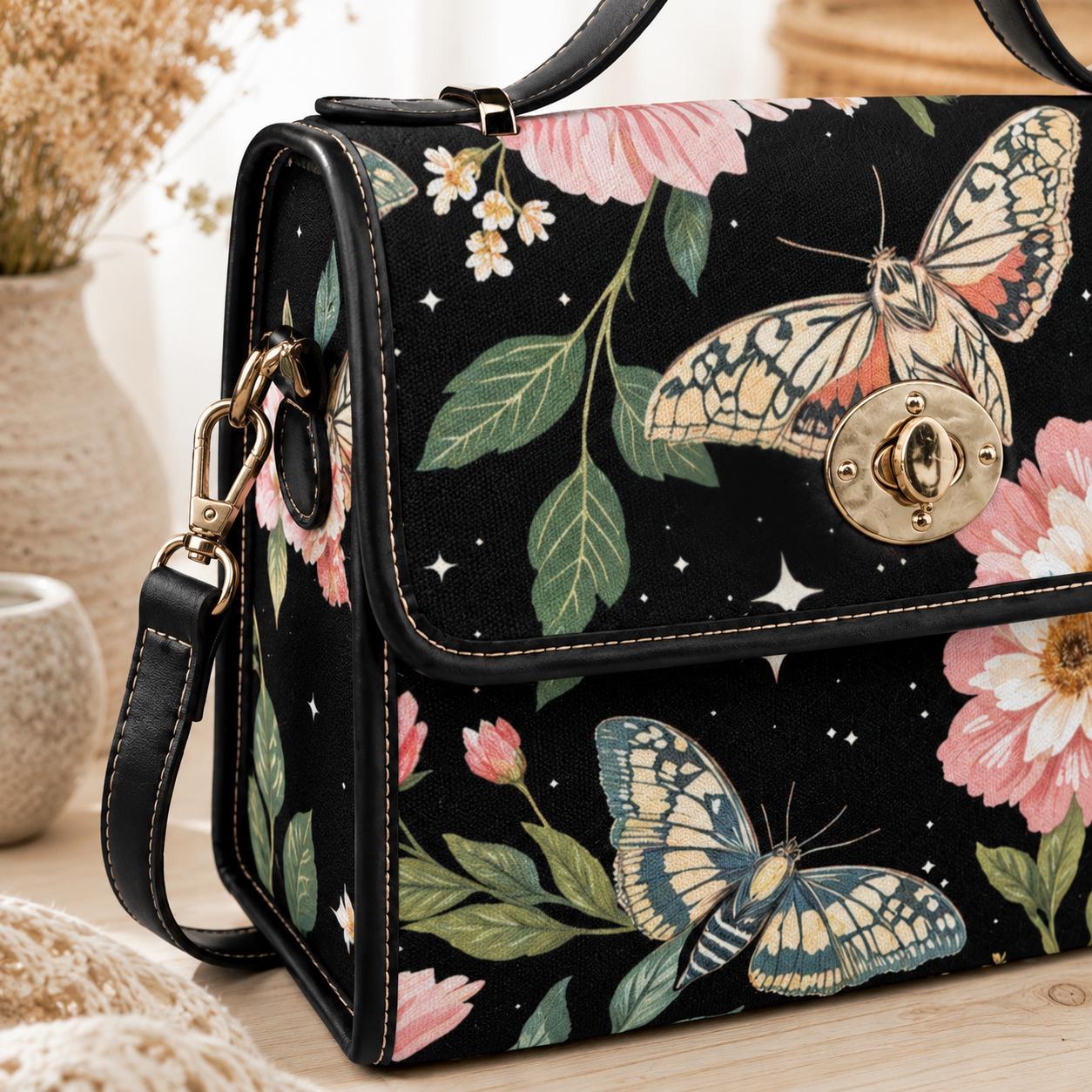Moth Floral Satchel Bag, Celestial Crossbody Purse, Moonlit Butterfly Handbag for Her