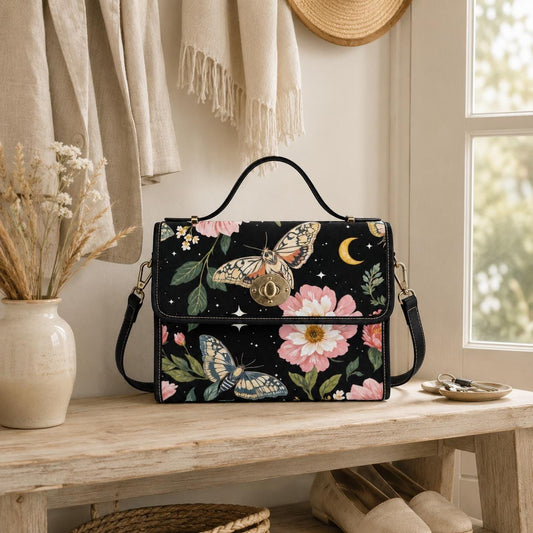 Moth Floral Satchel Bag, Celestial Crossbody Purse, Moonlit Butterfly Handbag for Her