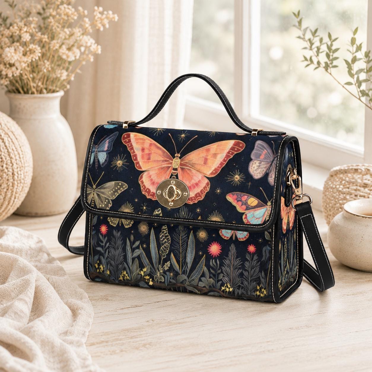 Butterfly Garden Handbag, Botanical Top Handle Purse, Cottagecore Statement Bag