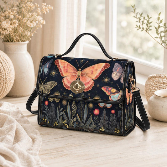 Butterfly Garden Handbag, Botanical Top Handle Purse, Cottagecore Statement Bag