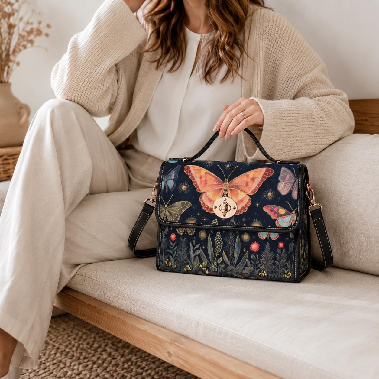 Butterfly Garden Handbag, Botanical Top Handle Purse, Cottagecore Statement Bag