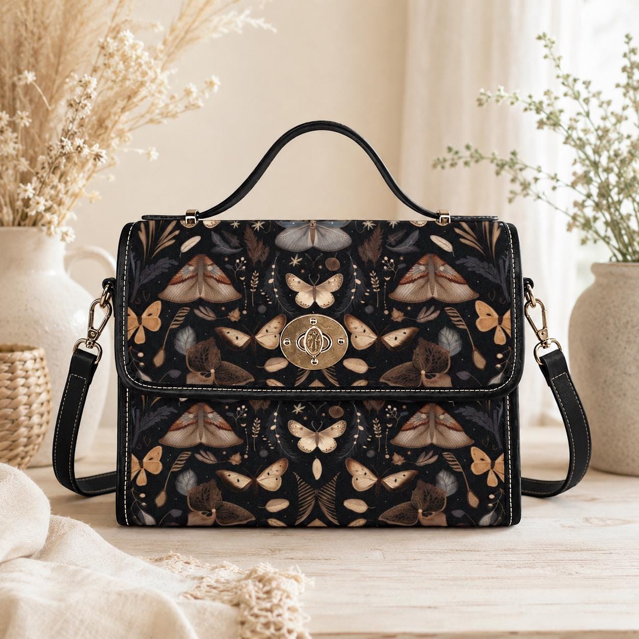 Moth Print Top Handle Bag, Dark Academia Satchel Purse, Celestial Nature Handbag