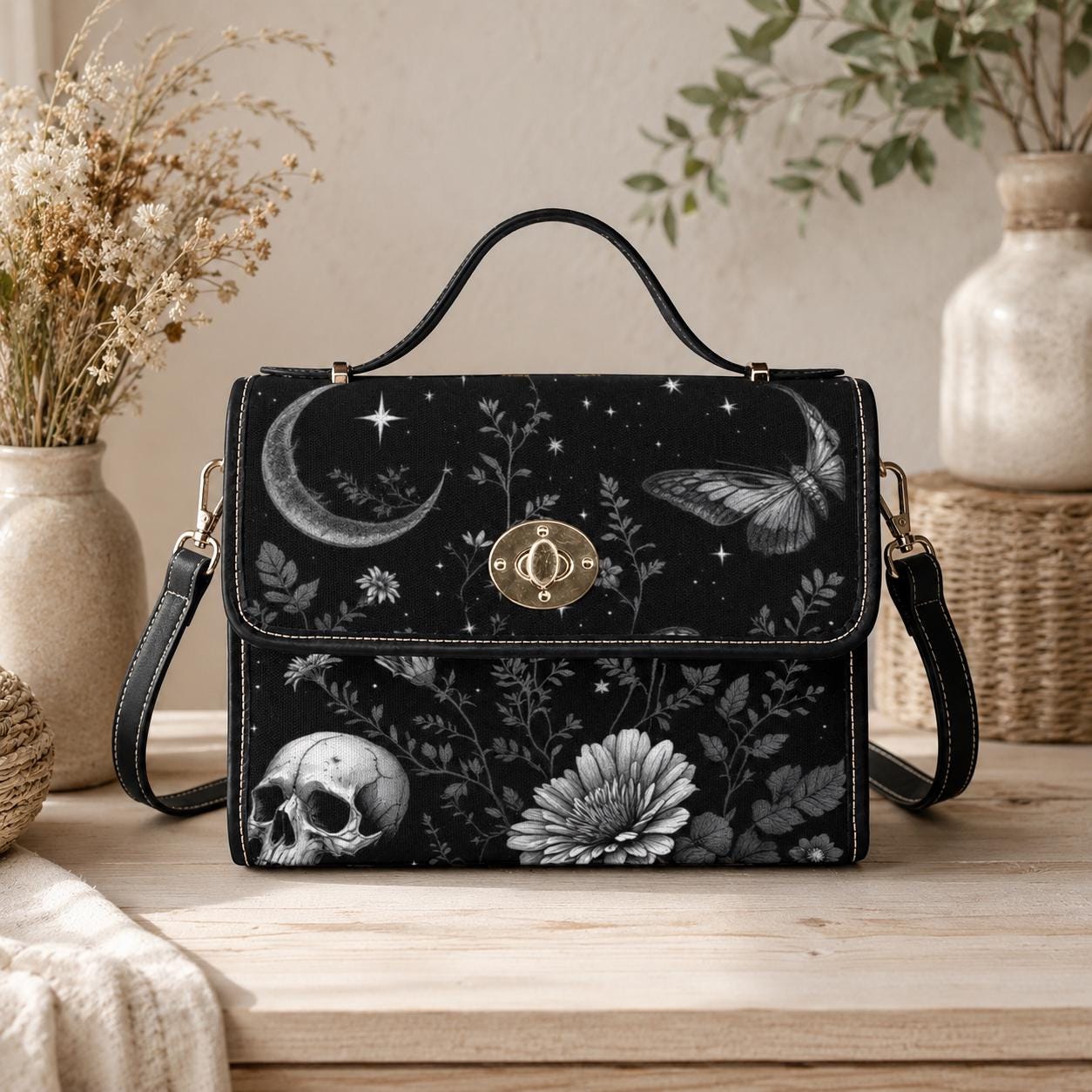 Mystical Moon Skull Bag, Gothic Floral Purse, Celestial Butterfly Handbag, Witchy Night Out Accessory