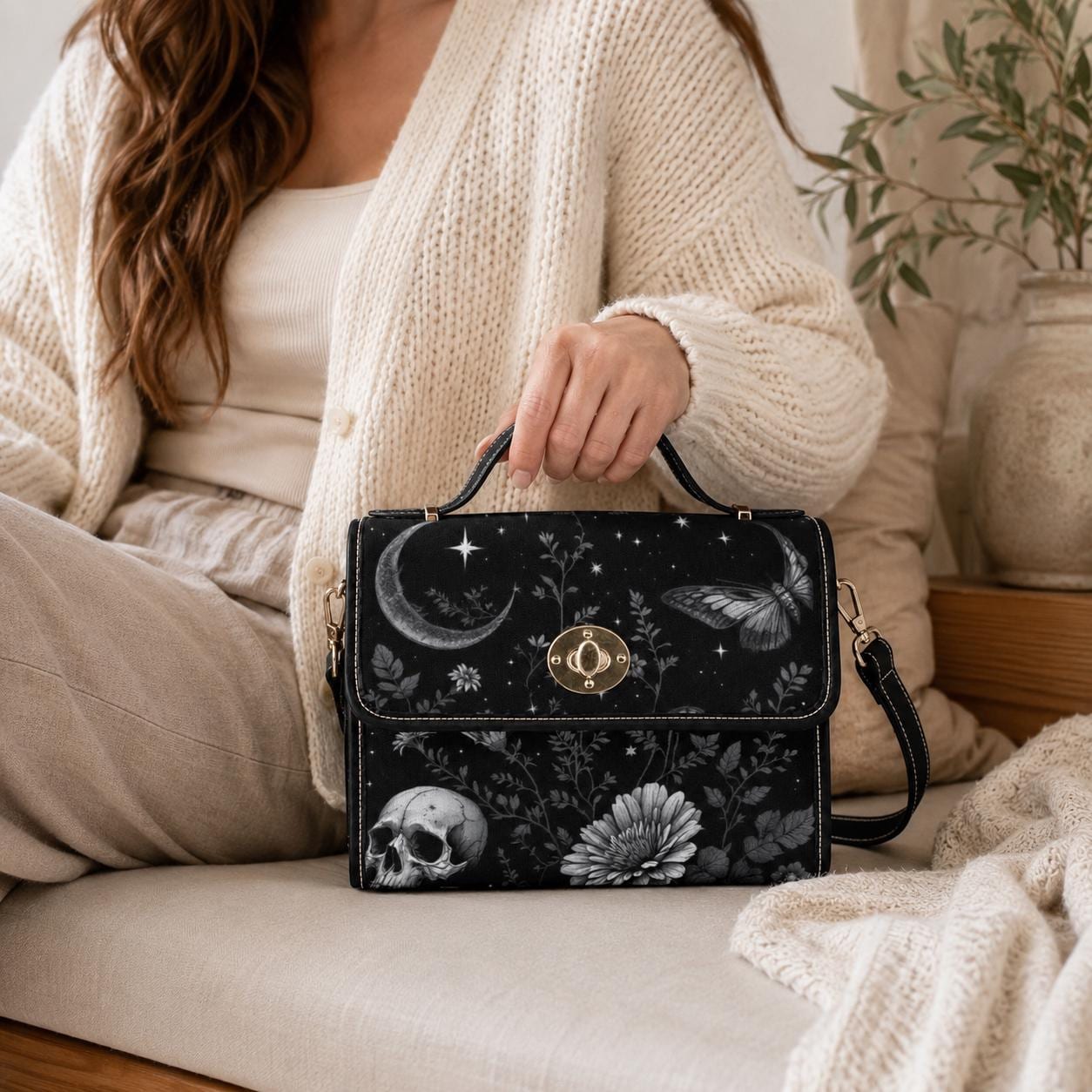 Mystical Moon Skull Bag, Gothic Floral Purse, Celestial Butterfly Handbag, Witchy Night Out Accessory