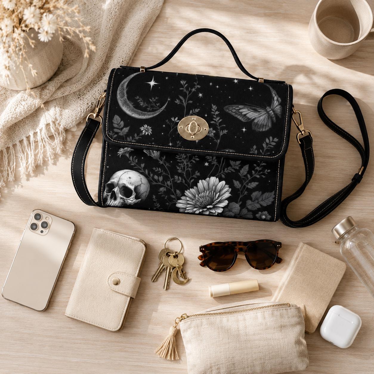 Mystical Moon Skull Bag, Gothic Floral Purse, Celestial Butterfly Handbag, Witchy Night Out Accessory