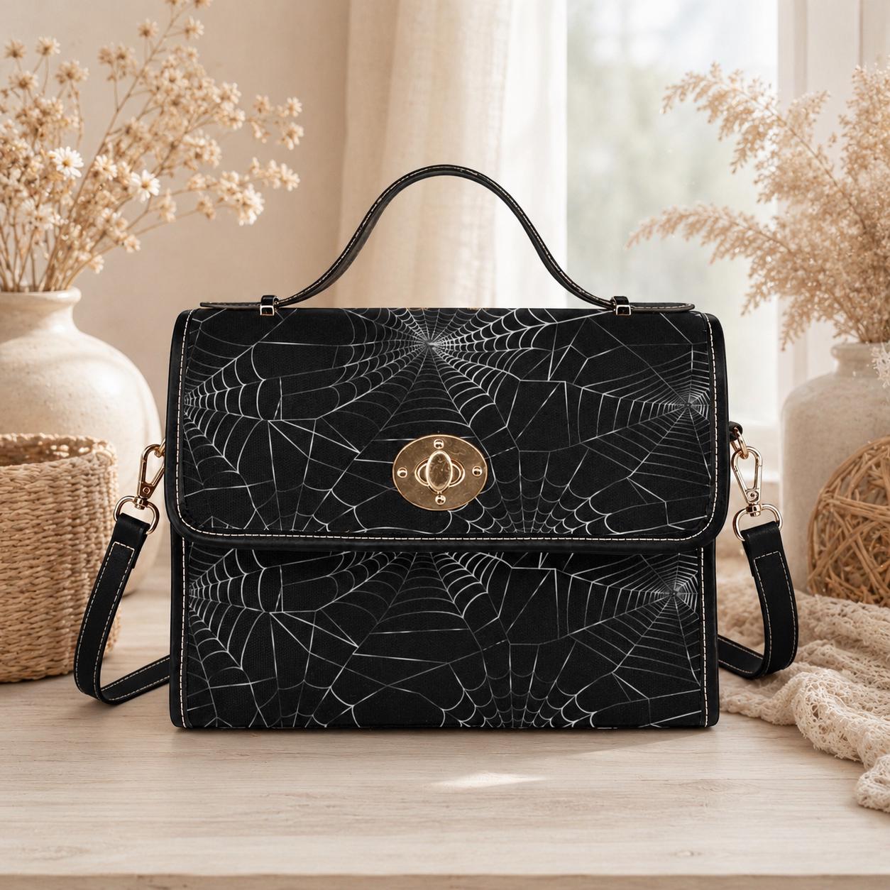 Spiderweb Canvas Satchel Vegan Leather Goth Crossbody Bag Halloween Spooky Bat Purse