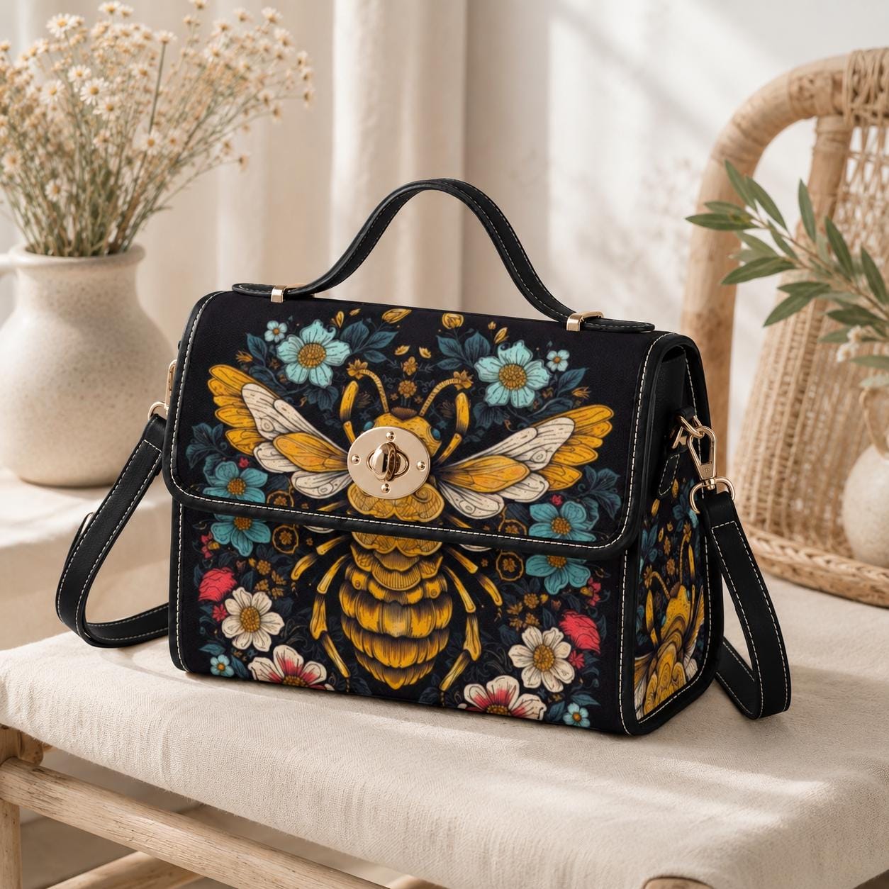 Bee floral handbag, top handle purse, dark botanical bag, cottagecore statement accessory