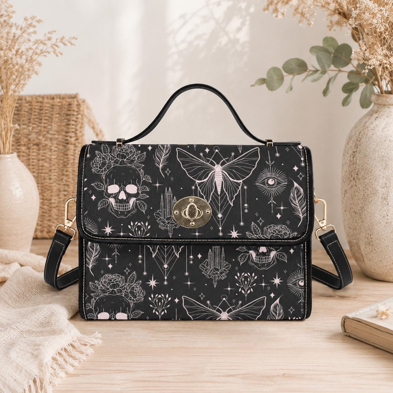 Goth Butterfly Satchel Bag, Celestial Skull Crossbody Purse, Witchy Top Handle Handbag