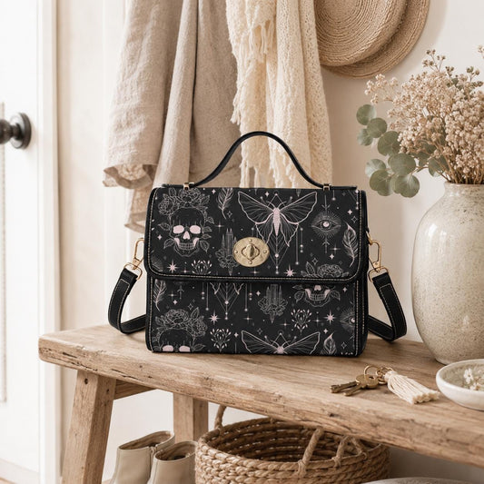 Goth Butterfly Satchel Bag, Celestial Skull Crossbody Purse, Witchy Top Handle Handbag