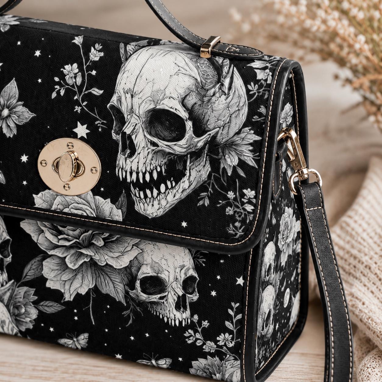 Dark Gothic Skull Bag, Floral Skeleton Crossbody, Spooky Witch Shoulder Tote,Skull Print Accessories,Occult Fashion Handbag,Witchy Gift Idea