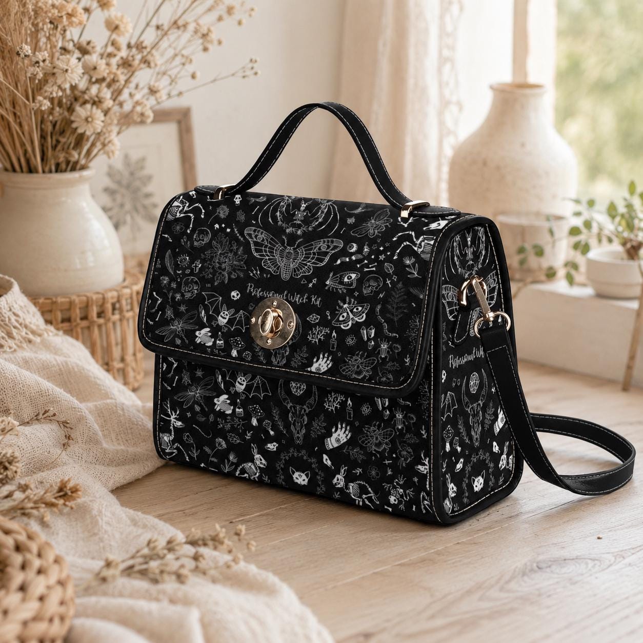 Mystical Sketch Witchy Handbag, Celestial Goth Satchel, Waterproof Canvas Shoulder Purse