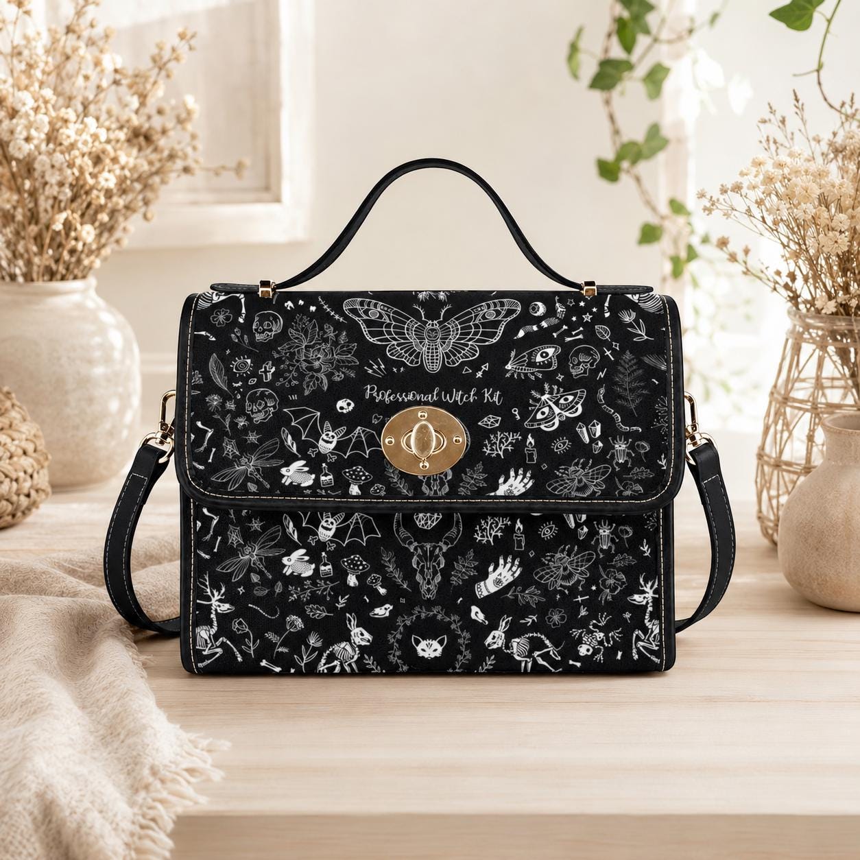 Mystical Sketch Witchy Handbag, Celestial Goth Satchel, Waterproof Canvas Shoulder Purse