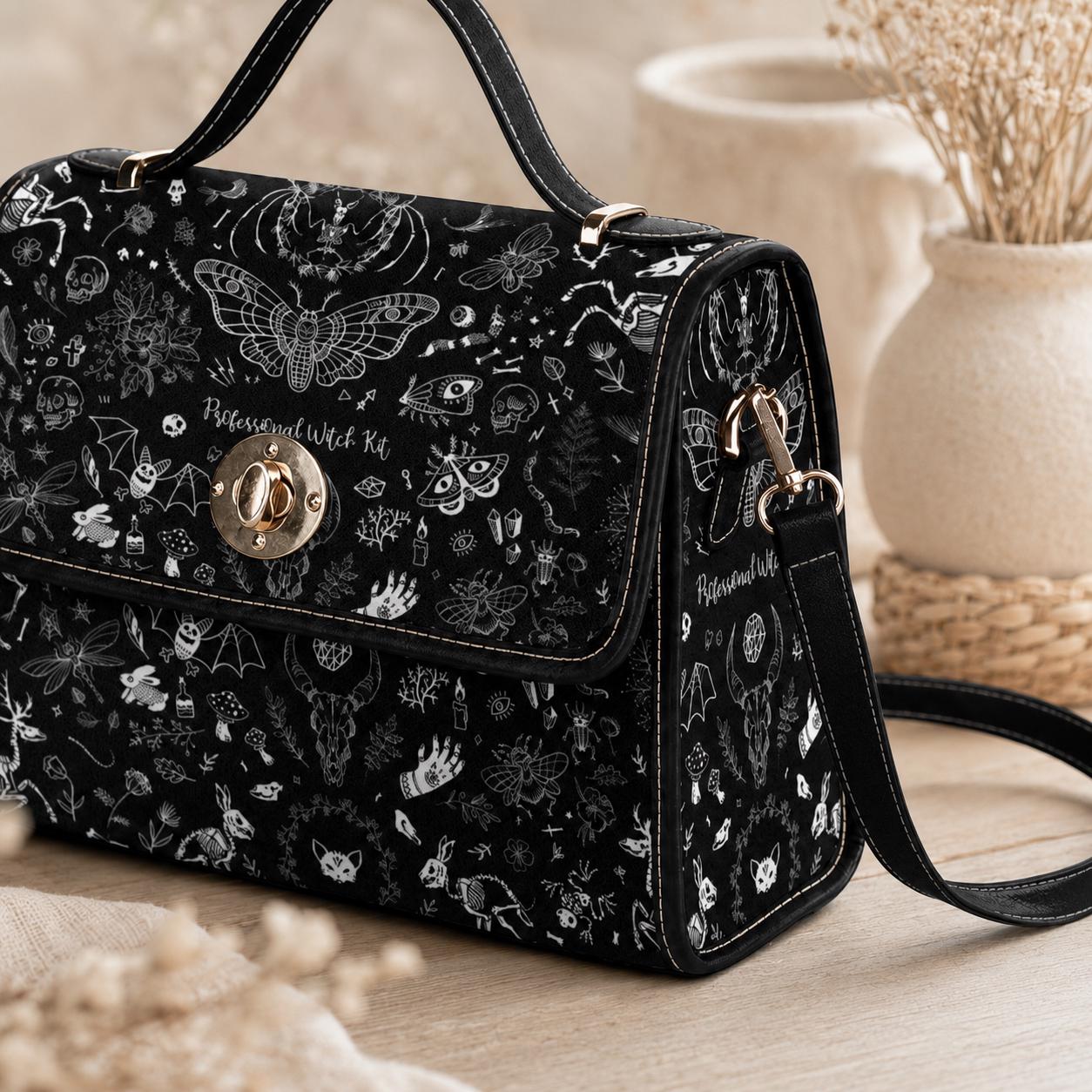 Witch symbols crossbody bag, spooky goth shoulder purse, mystical sketch witchy handbag, celestial dark aesthetic satchel, occult indie bag