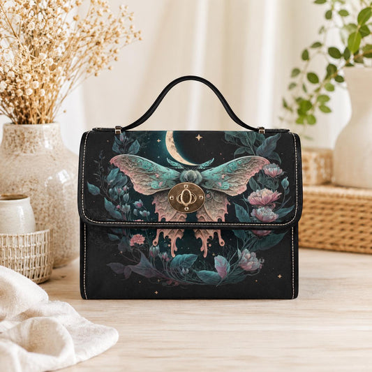 Moon moth handbag, dark floral top handle purse, celestial evening bag