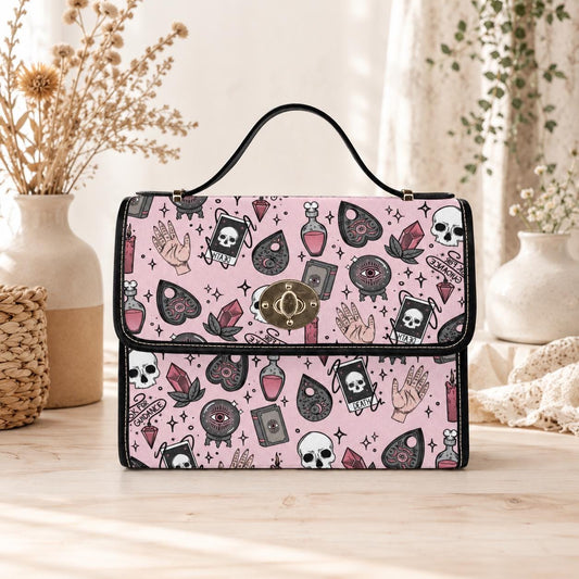 Pink witch purse, spooky pastel handbag, structured kawaii satchel, pink occult crossbody bag, witchcore goth girl purse, cute aesthetic bag