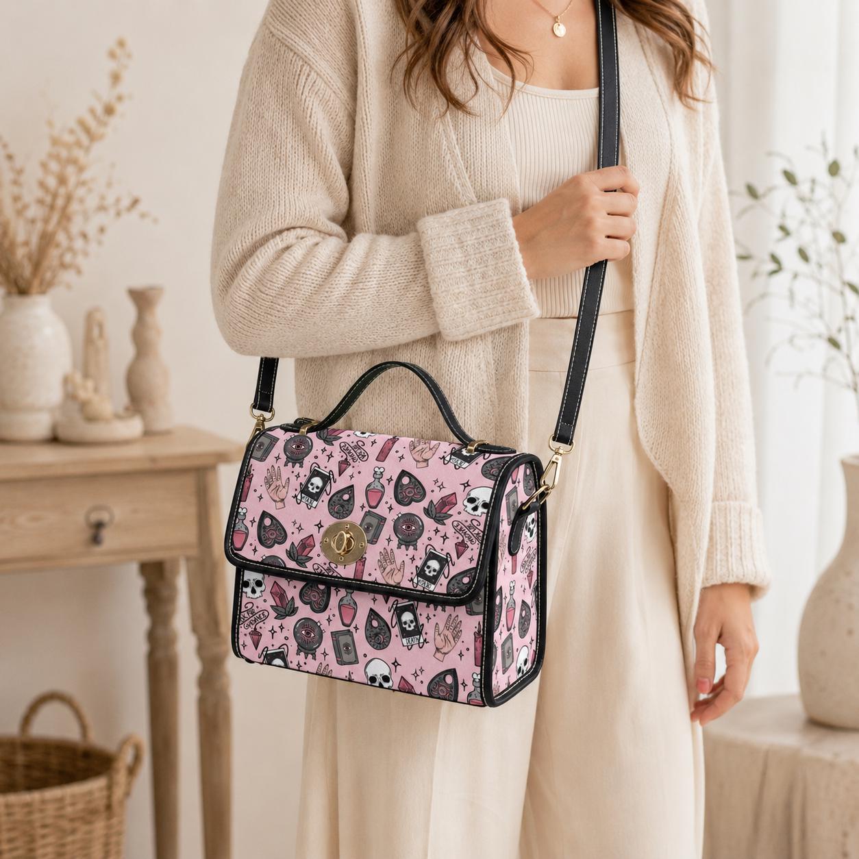 Pink witch purse, spooky pastel handbag, structured kawaii satchel, pink occult crossbody bag, witchcore goth girl purse, cute aesthetic bag
