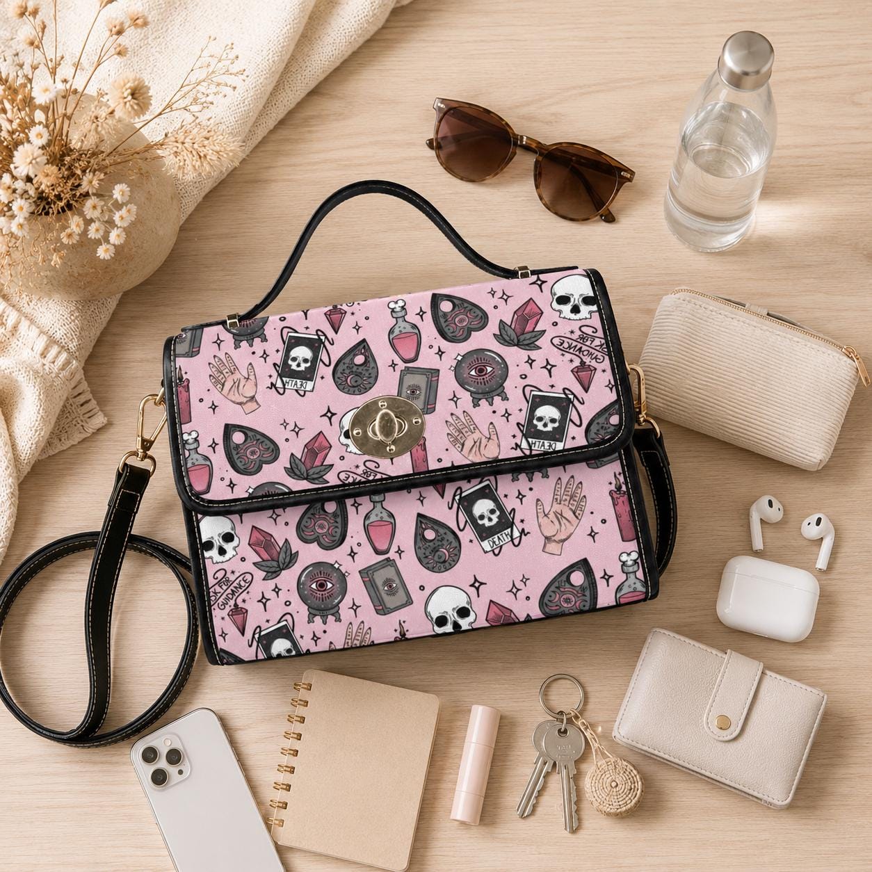 Pink witch purse, spooky pastel handbag, structured kawaii satchel, pink occult crossbody bag, witchcore goth girl purse, cute aesthetic bag