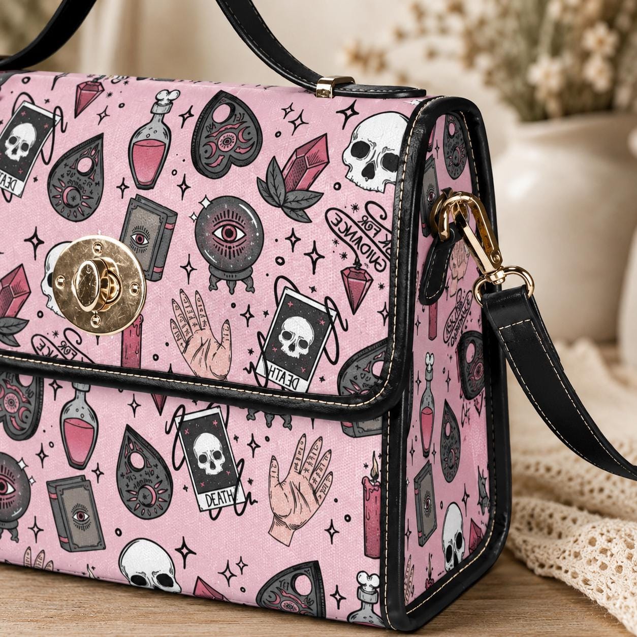 Pink witch purse, spooky pastel handbag, structured kawaii satchel, pink occult crossbody bag, witchcore goth girl purse, cute aesthetic bag