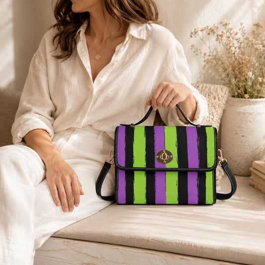 Halloween satchel purse, purple green striped handbag, gothic top handle bag