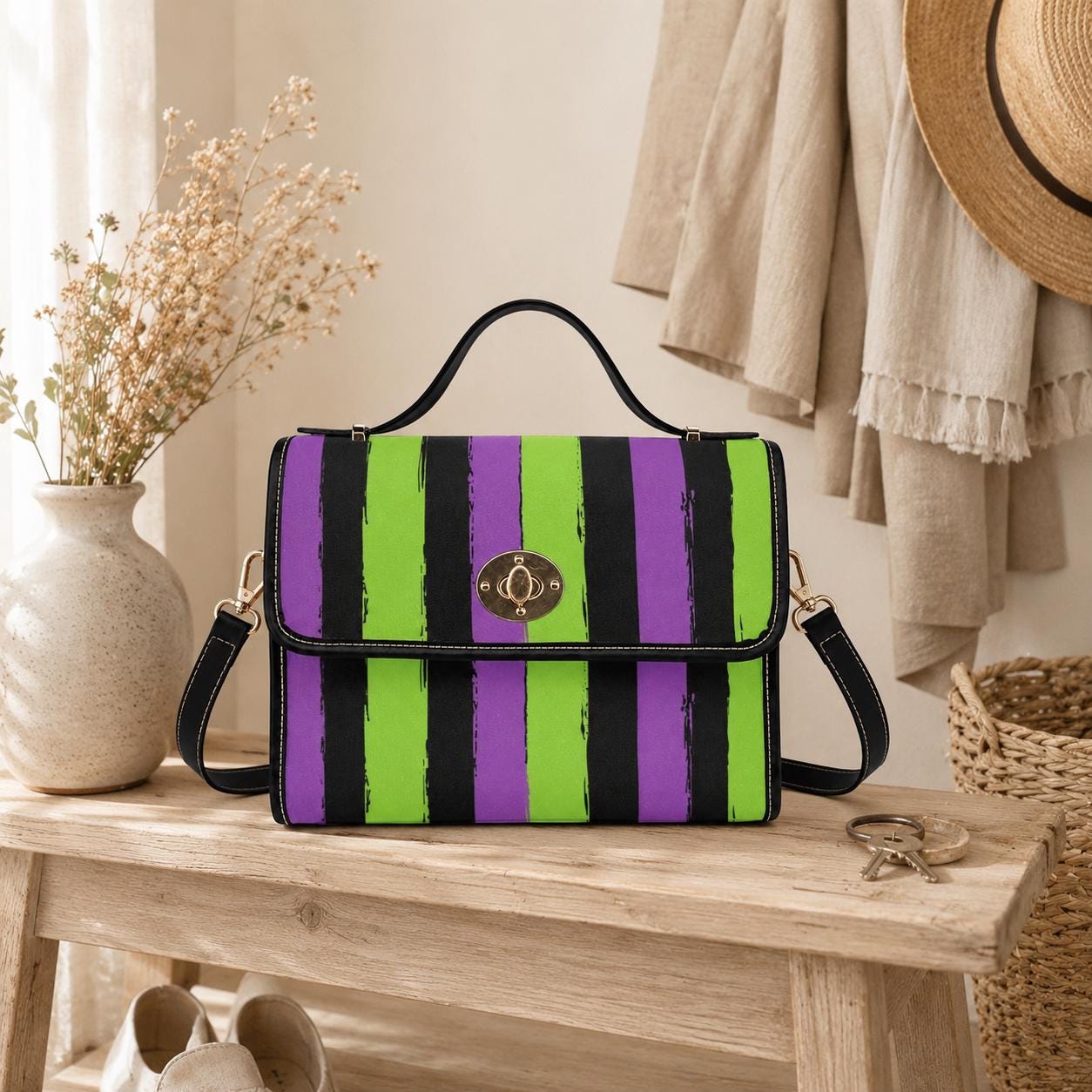 Halloween satchel purse, purple green striped handbag, gothic top handle bag