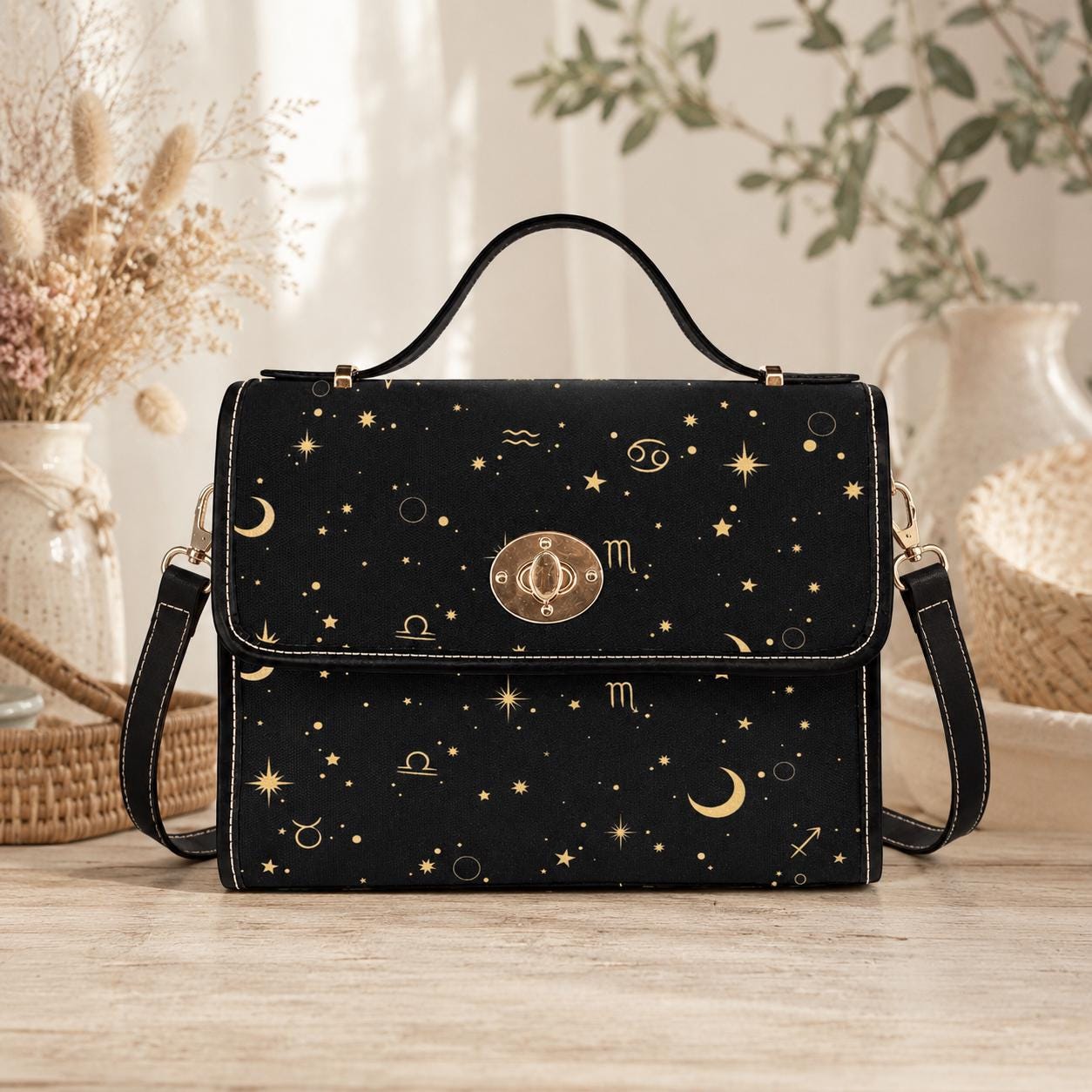 Zodiac Constellation Purse – Gold Astrology Symbols & Stars Pattern