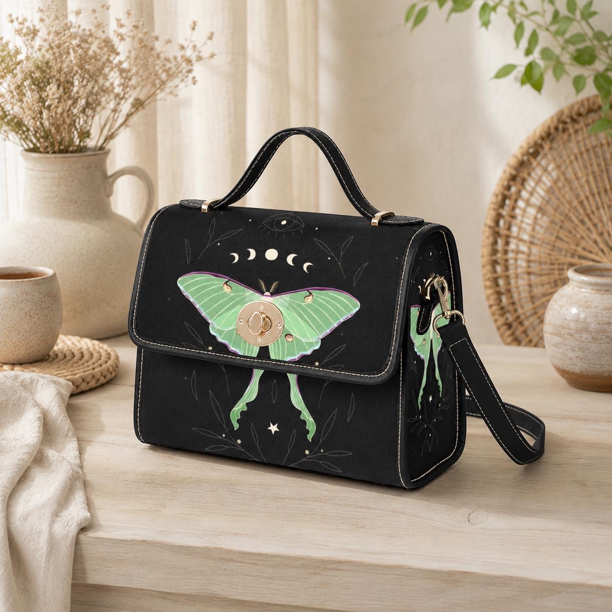Luna Moth Bag, Mint Green Crossbody, Moon Phase Purse, Celestial Insect Print, Goth Moth Style, Forest Witch Gift, Mystical Bug Accessory